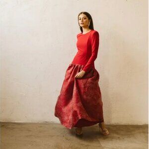 Redondo red formal drop waist dress "Covadonga" style